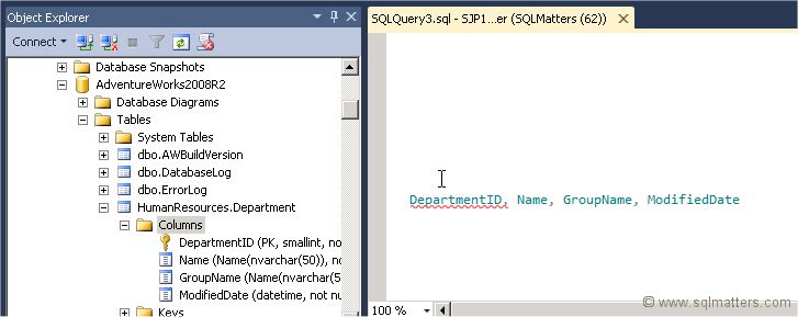 Drag a list of all columns in a table to a query window